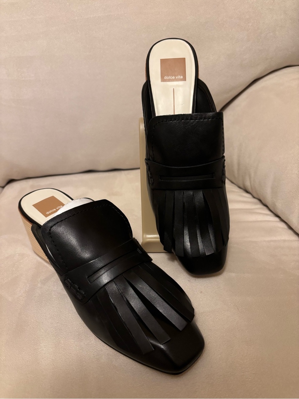 Dolce Vita Black Leather Fringe Slip-On Mules